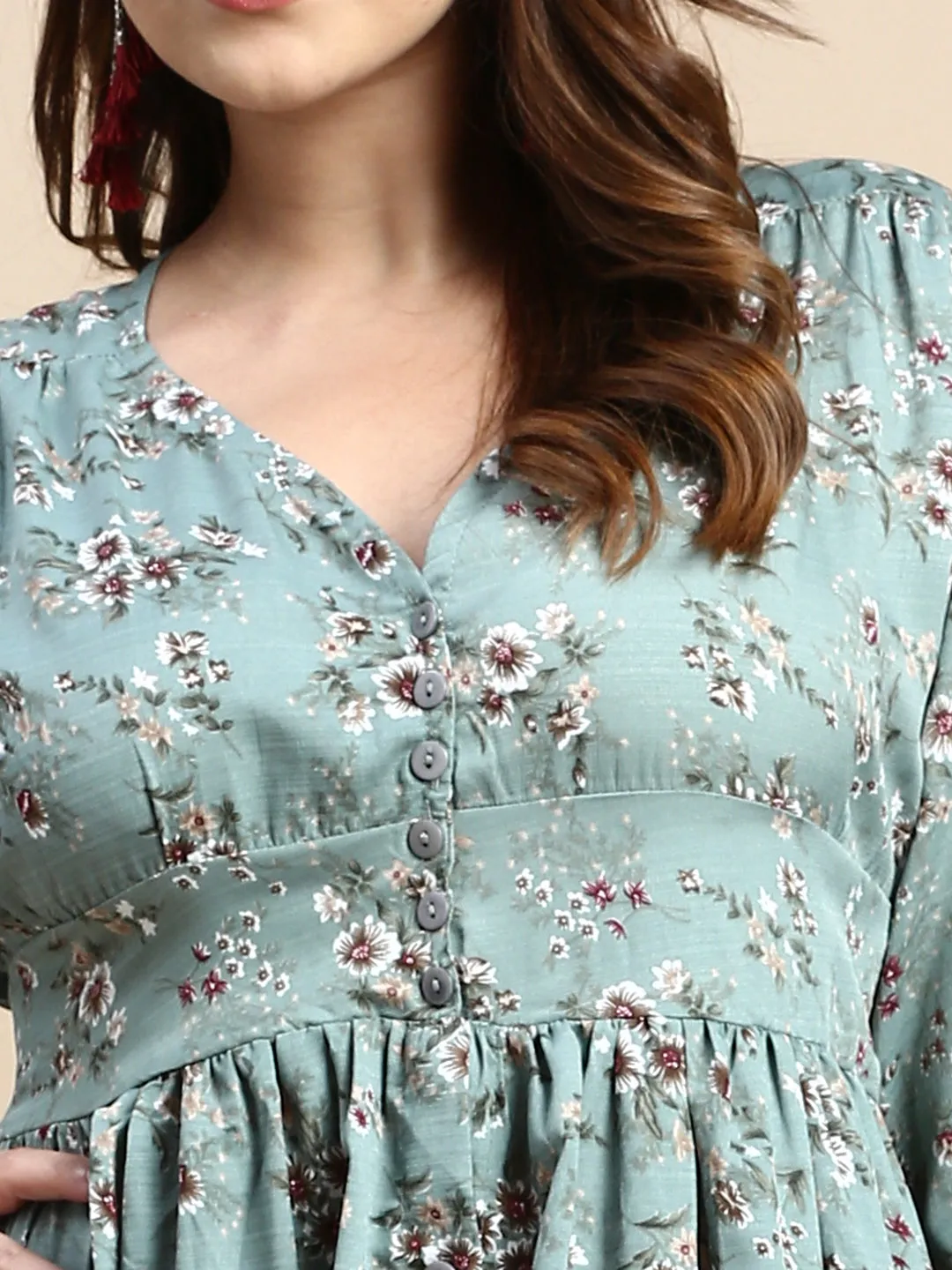 Women Puff Sea Green Floral Fit and Flare Dress