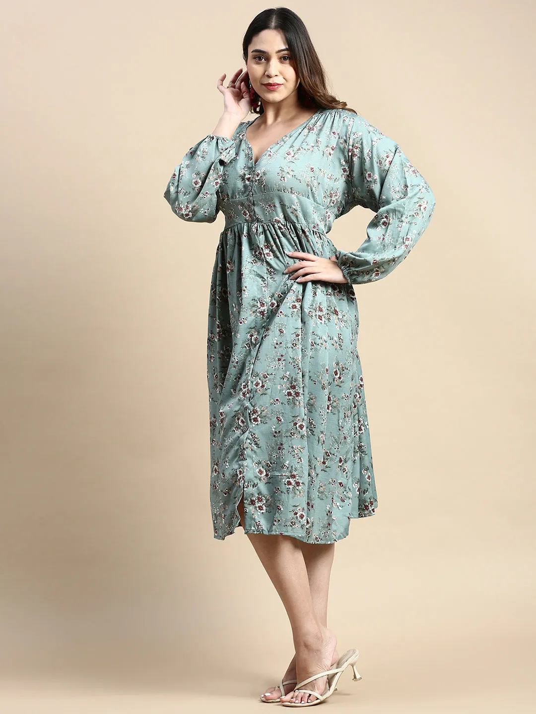 Women Puff Sea Green Floral Fit and Flare Dress