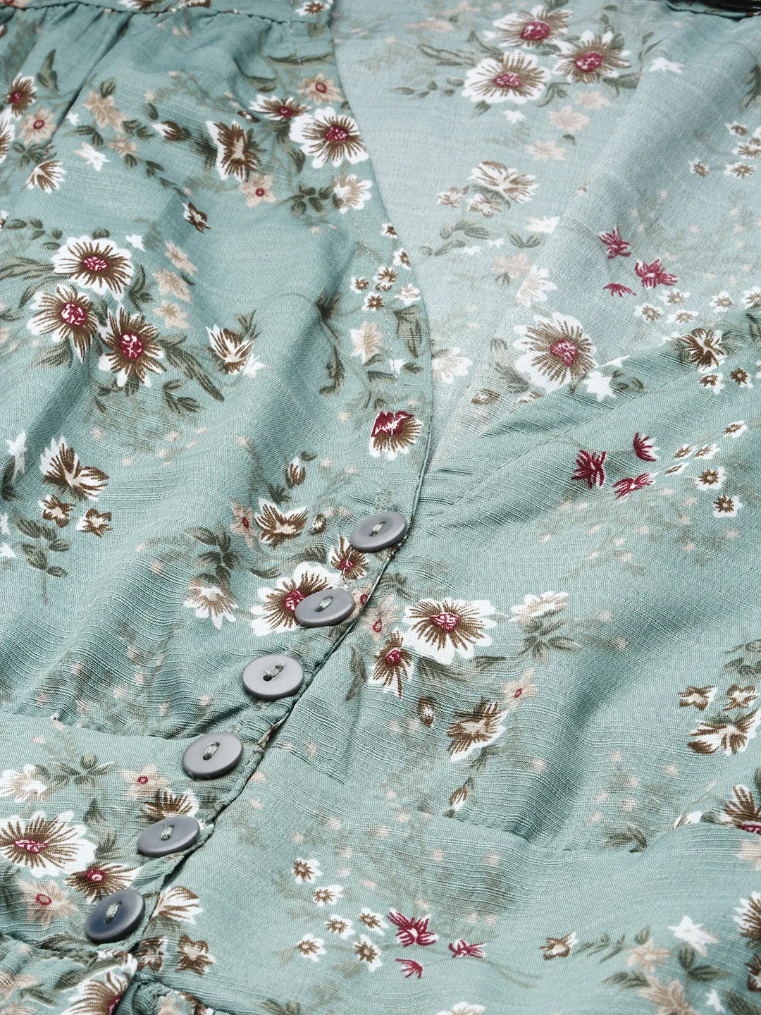 Women Puff Sea Green Floral Fit and Flare Dress
