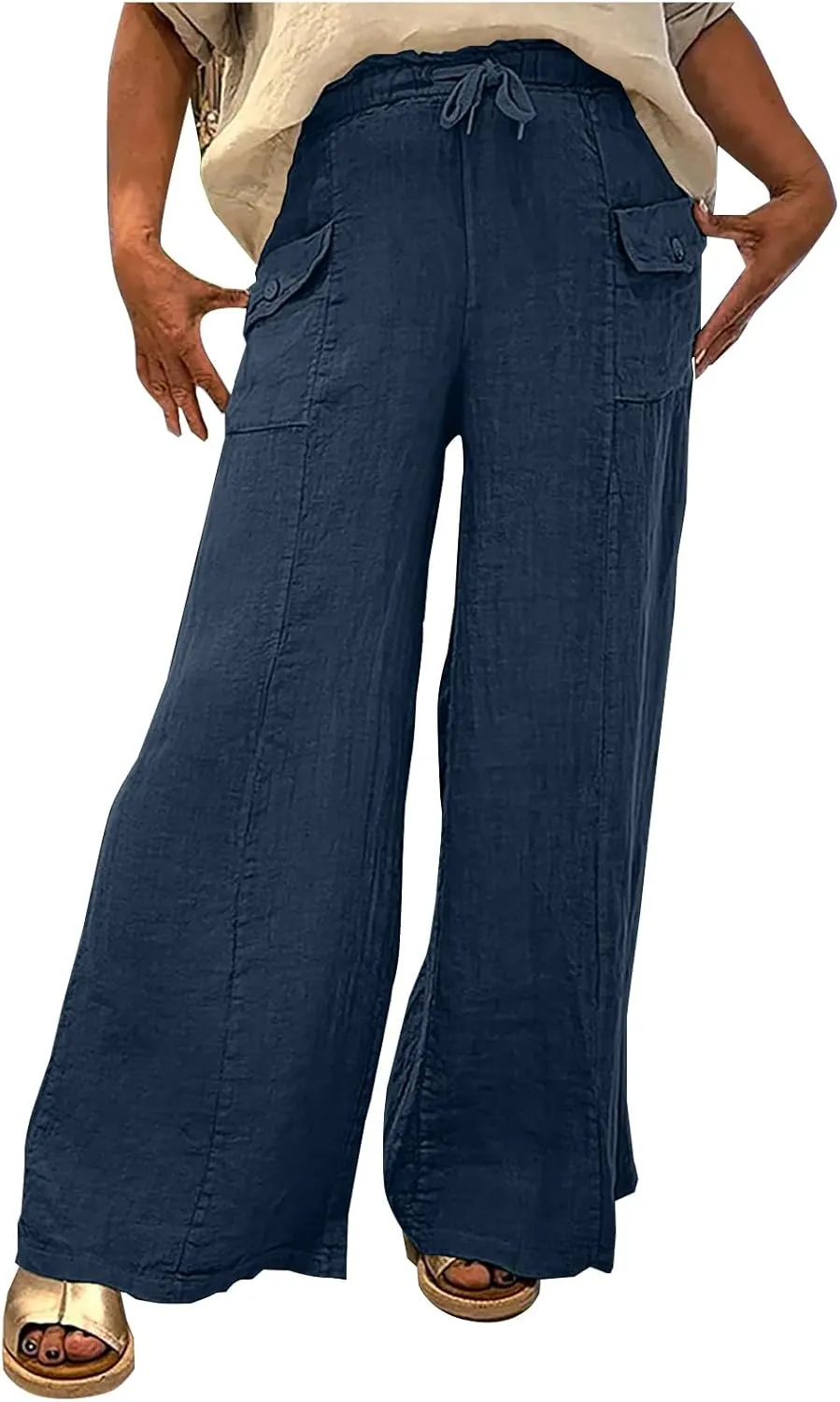 Women Summer Boho Cargo Pants Cotton Linen Baggy Wide Leg Beach Trousers Drawstring Waist Culottes with Pockets