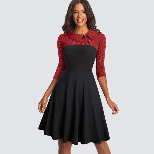 Women Vintage Fit And Flare Swing Skater Work Business Office Casual Dress