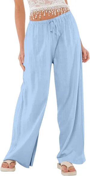 Women Wide Leg Pants Linen Pants Drawstring High Waisted Summer Boho Pant Workout Trouser Pant with Pockets (S-2Xl)