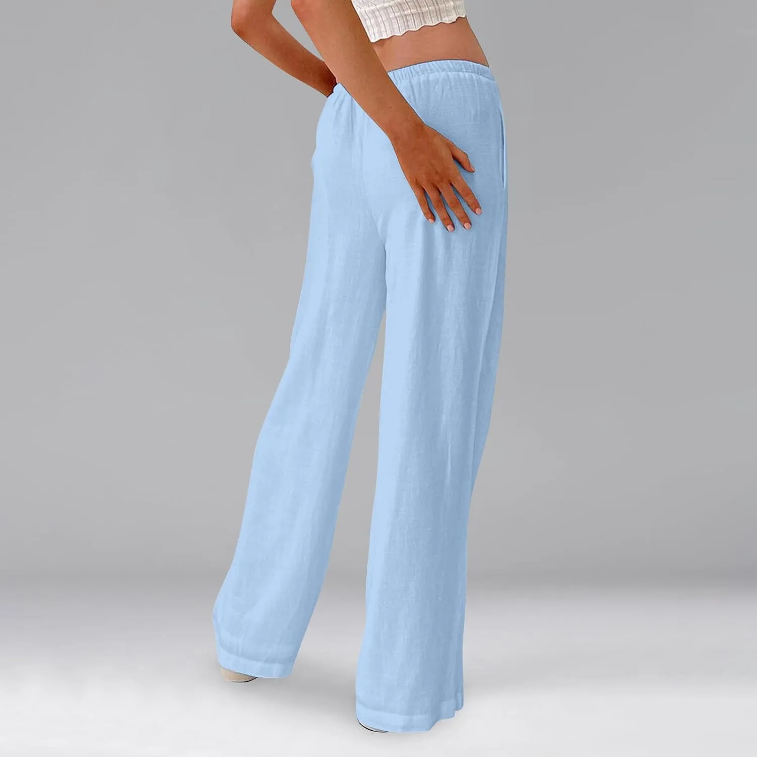 Women Wide Leg Pants Linen Pants Drawstring High Waisted Summer Boho Pant Workout Trouser Pant with Pockets (S-2Xl)