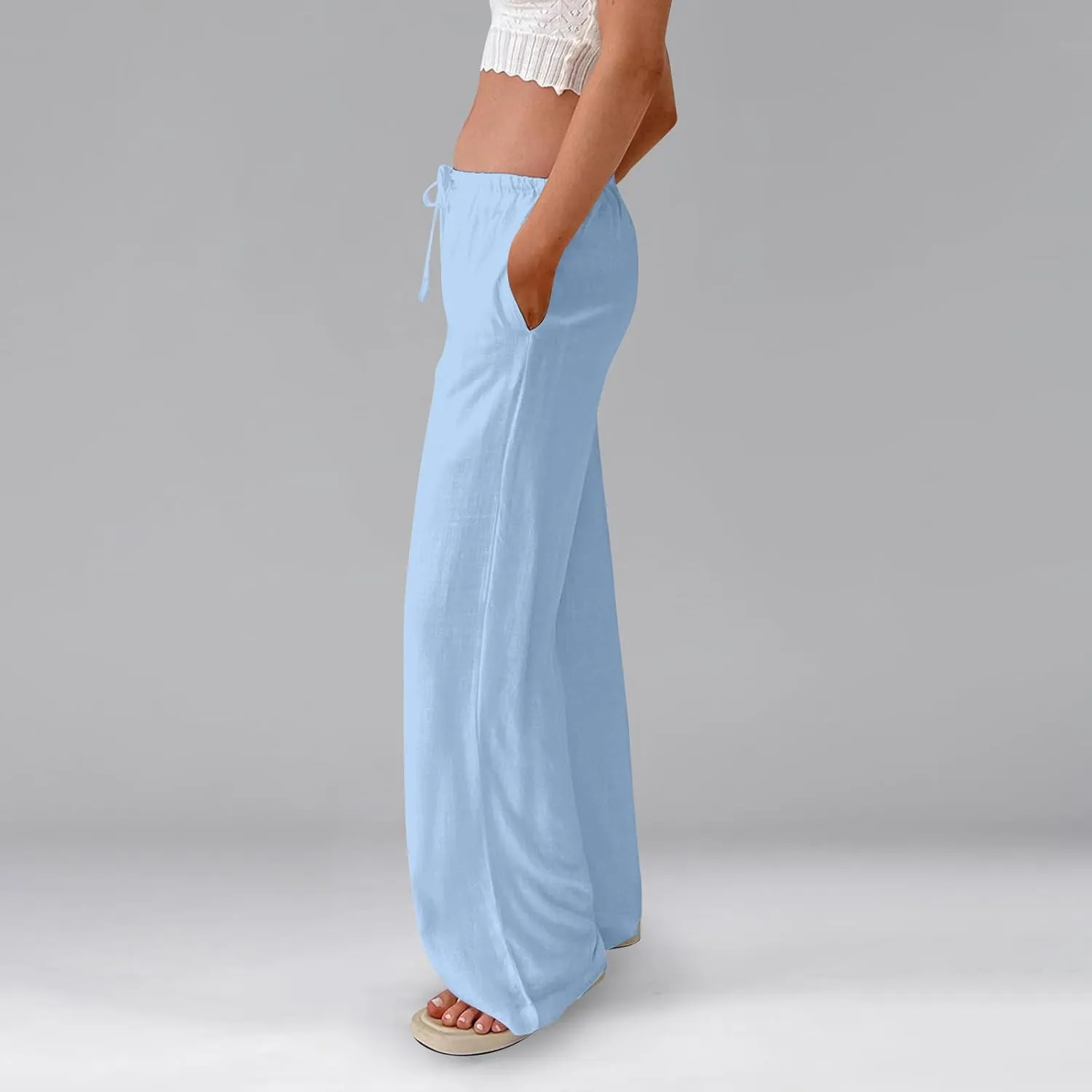 Women Wide Leg Pants Linen Pants Drawstring High Waisted Summer Boho Pant Workout Trouser Pant with Pockets (S-2Xl)