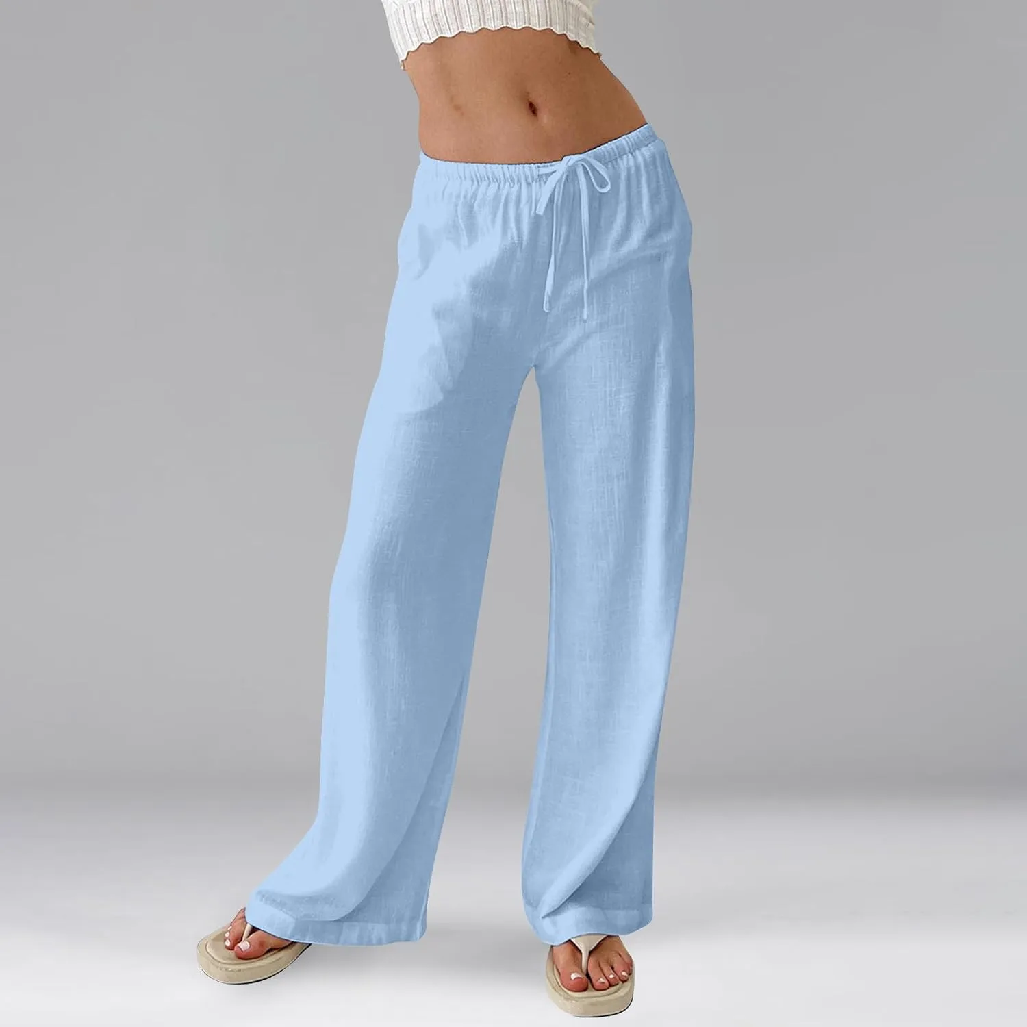 Women Wide Leg Pants Linen Pants Drawstring High Waisted Summer Boho Pant Workout Trouser Pant with Pockets (S-2Xl)