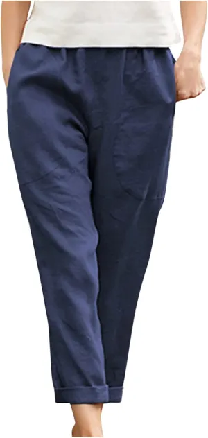 Womens Casual Cotton Tapered Capri Cargo Pants Loose Elastic Waist Straight Ankle Cropped Trouser Slacks with Pockets