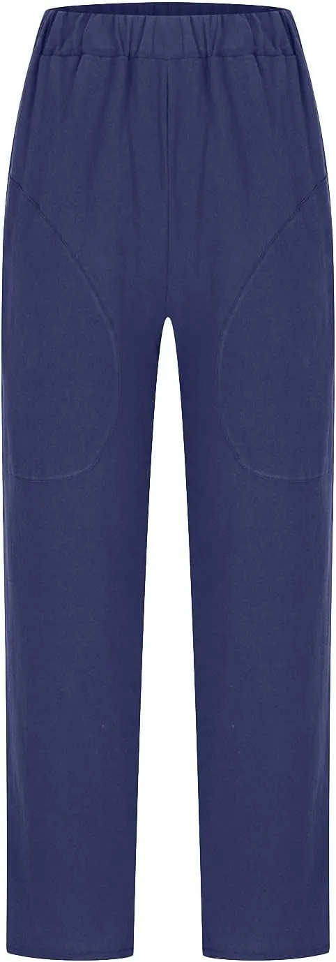 Womens Casual Cotton Tapered Capri Cargo Pants Loose Elastic Waist Straight Ankle Cropped Trouser Slacks with Pockets