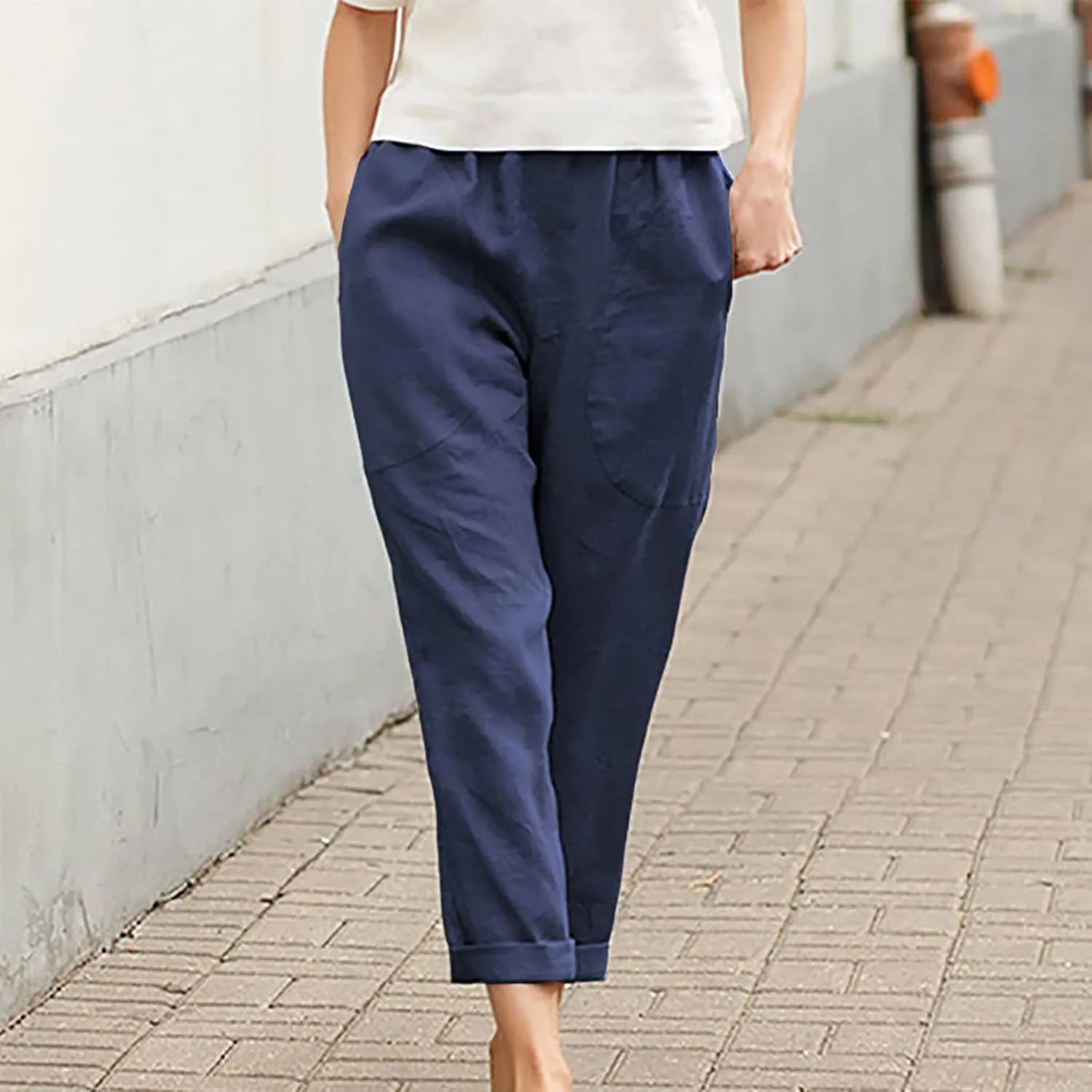 Womens Casual Cotton Tapered Capri Cargo Pants Loose Elastic Waist Straight Ankle Cropped Trouser Slacks with Pockets