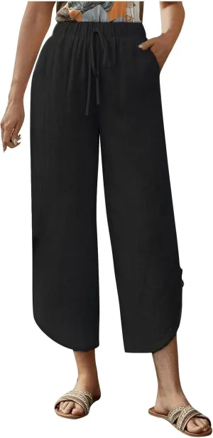 Womens Cotton Linen Palazzo Pants with Drawstring Elastic Waist, Casual Wide Leg Trousers, Summer Beach Pants with Pockets