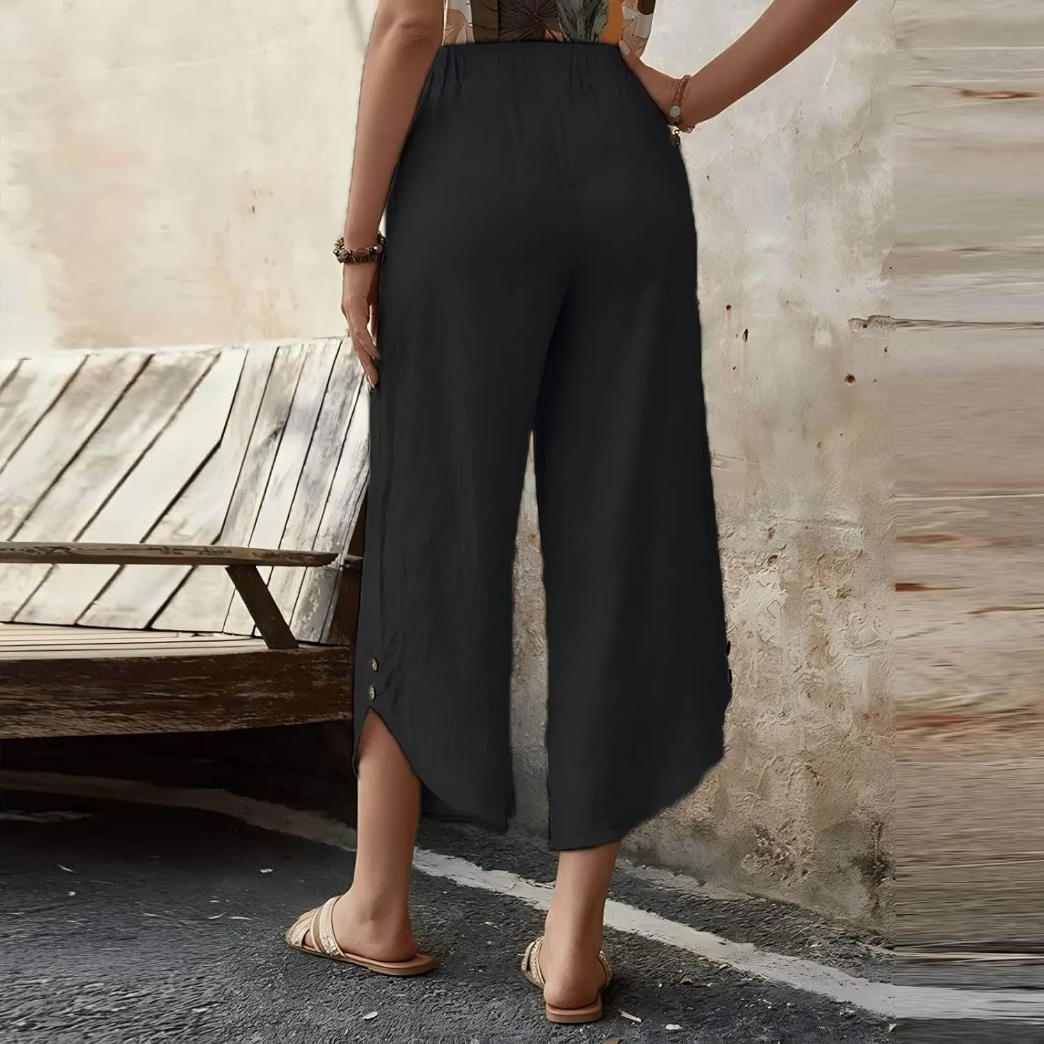 Womens Cotton Linen Palazzo Pants with Drawstring Elastic Waist, Casual Wide Leg Trousers, Summer Beach Pants with Pockets