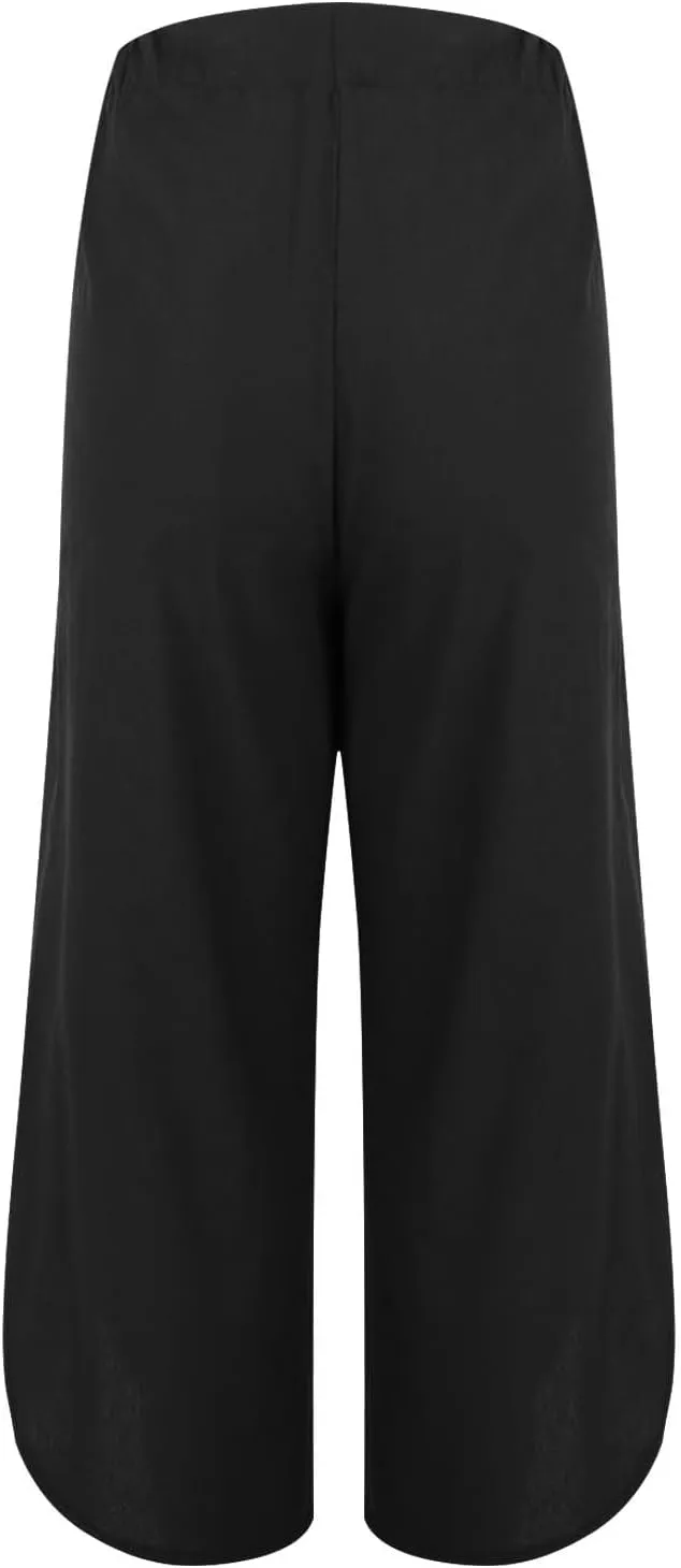Womens Cotton Linen Palazzo Pants with Drawstring Elastic Waist, Casual Wide Leg Trousers, Summer Beach Pants with Pockets
