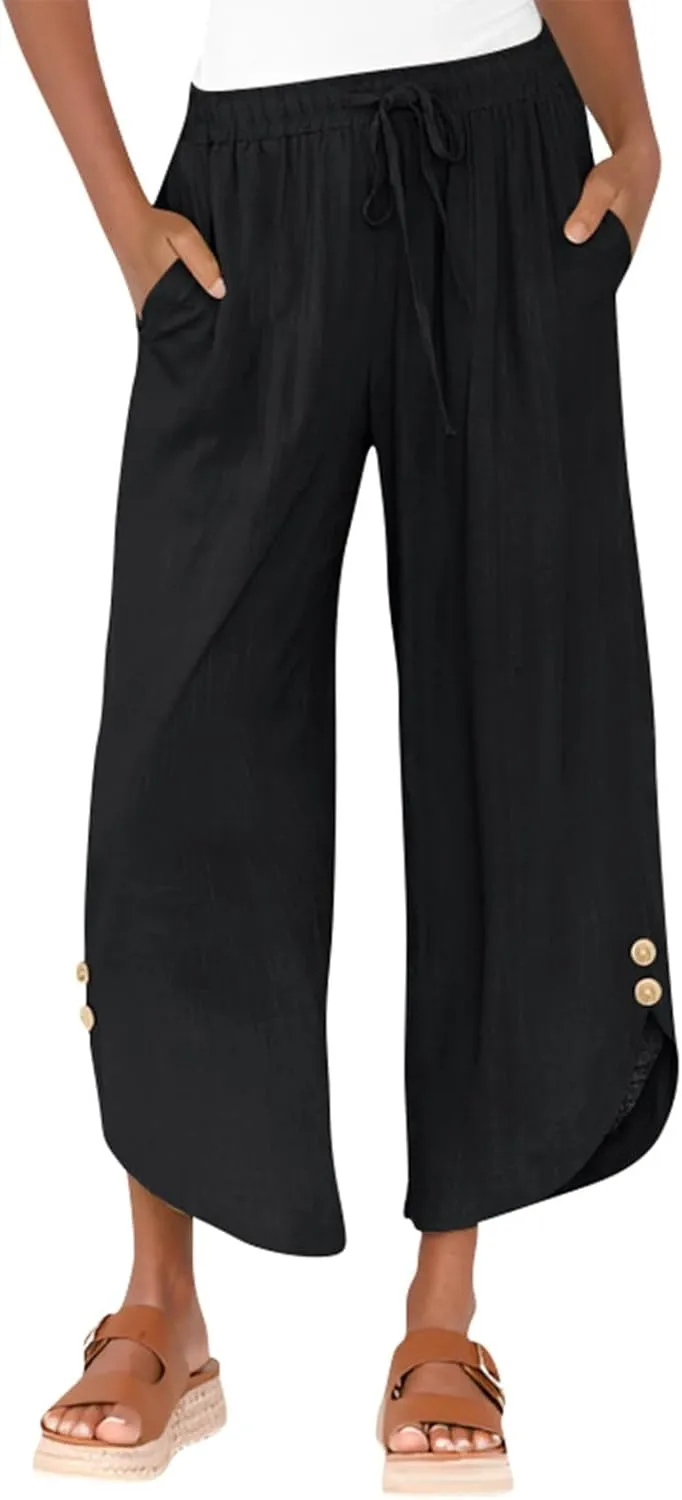 Womens Cotton Linen Palazzo Pants with Drawstring Elastic Waist, Casual Wide Leg Trousers, Summer Beach Pants with Pockets
