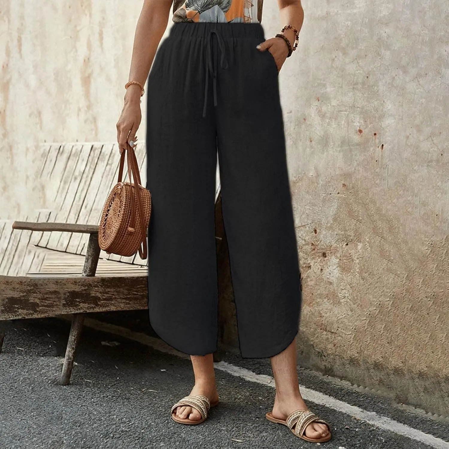 Womens Cotton Linen Palazzo Pants with Drawstring Elastic Waist, Casual Wide Leg Trousers, Summer Beach Pants with Pockets