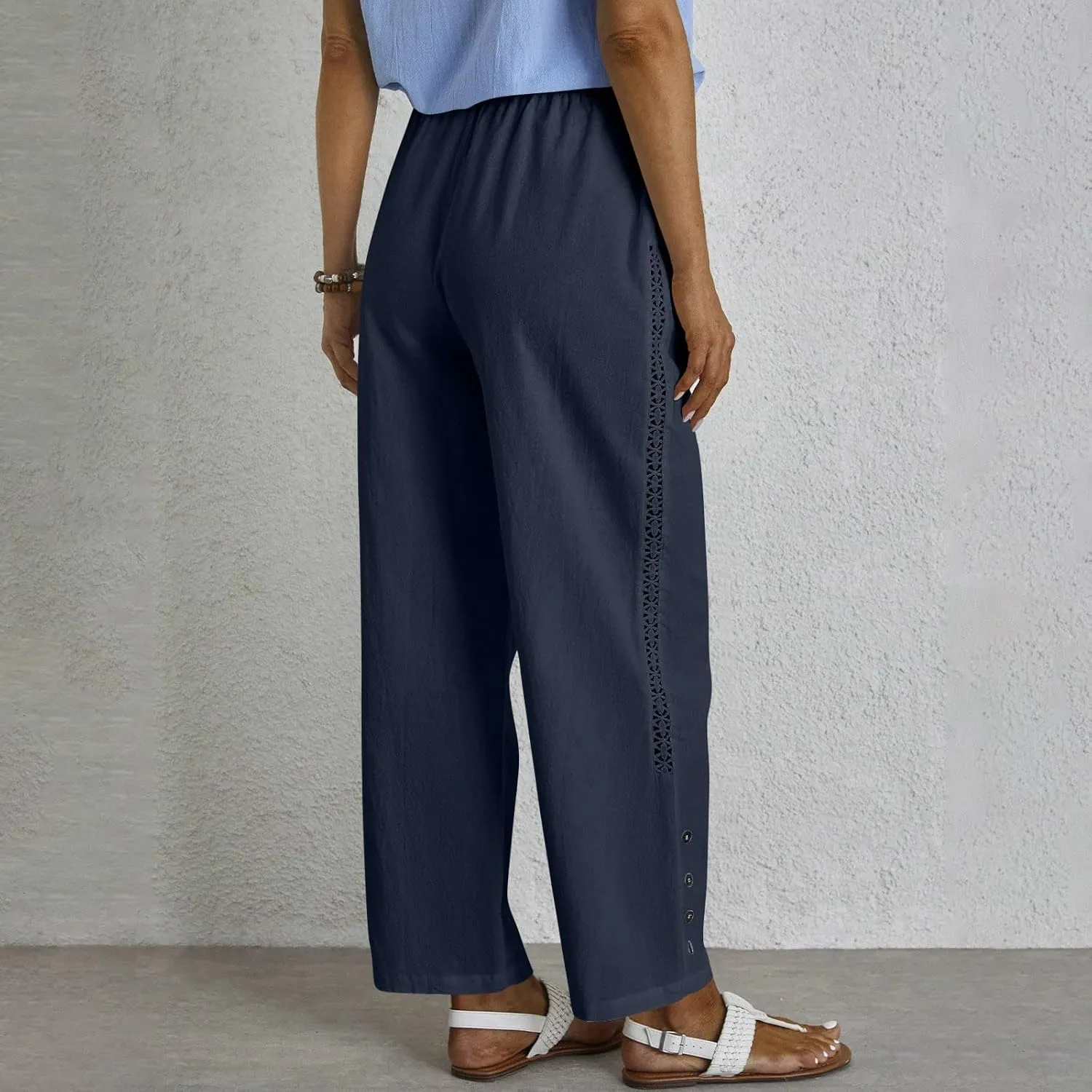 Womens High Waist Linen Pants Drawstring Elastic Waist Summer Casual Pants Loose Fit Lounge Trousers with Pockets