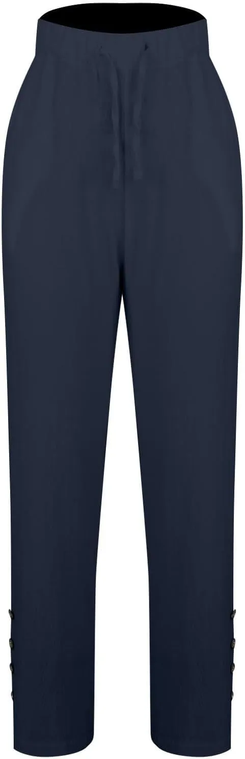 Womens High Waist Linen Pants Drawstring Elastic Waist Summer Casual Pants Loose Fit Lounge Trousers with Pockets
