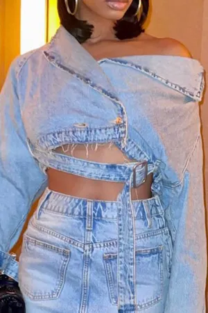 xiangtuibao Blue Cool Irregular Buckled Denim Coat