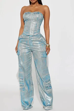 xiangtuibao Metallic Coated Bright Multi Pocket Pant Suit