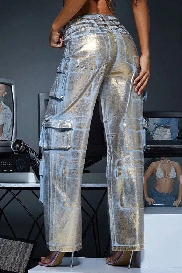 xiangtuibao Metallic Coated Cool Multi Pocket High Waist Jeans