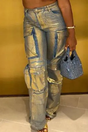 xiangtuibao Metallic Coated Cool Multi Pocket High Waist Jeans